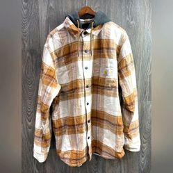 Carhartt Brown Tan Plaid Flannel Button Up Hoodie Hooded Shirt Relaxed Fit