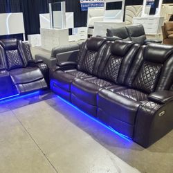 2pc Black Leather Sofa + Loveseat With Power Recliners & LED lighting