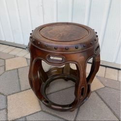 Vintage 1950's wooden chinese barrel stool drum plant stand hollywood regency table art