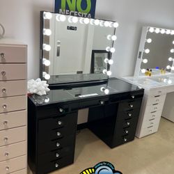 Black Vanity Desk Diamond Dresser New Chest Cajonera Mirror Lights 