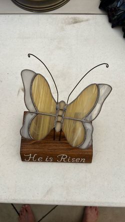 Stain glass butterfly on wood pedestal