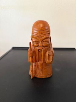 Vintage 6-Inch Hand-Carved Wooden Wise Man / Longevity Deity Statue