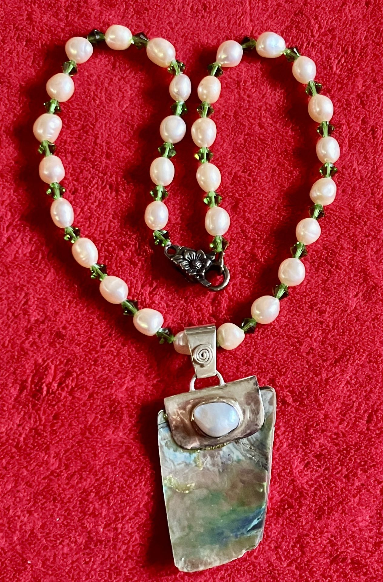 JTV PEARL with Abalone Stone Large STERLING SILVER Swirl Pendant Pink NECKLACE