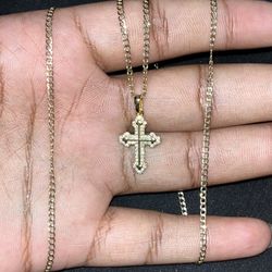 10k Yellow Gold Cuban Chain + 925 Gold Plated Moissanite Cross Pendant 