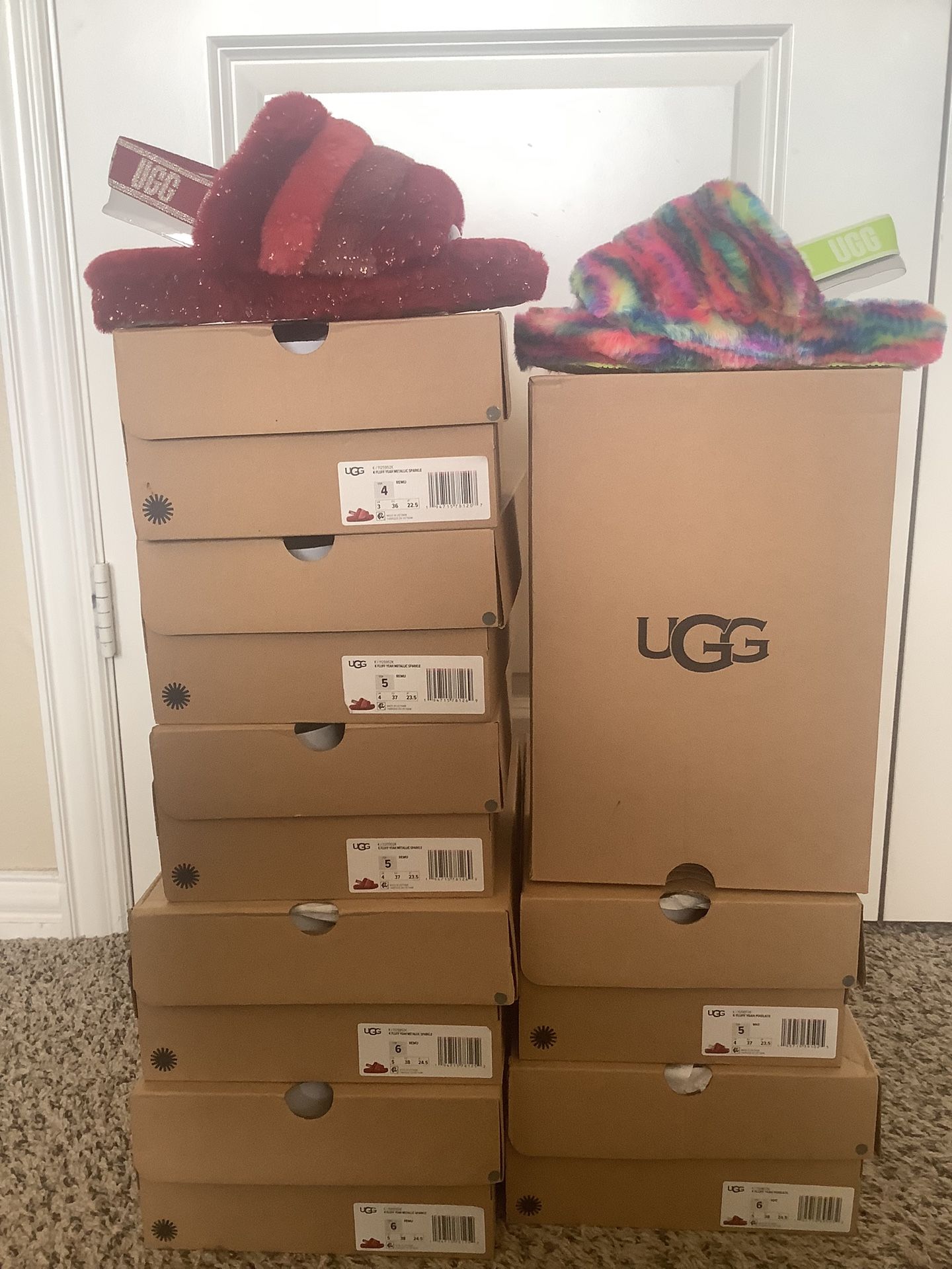 NEW YOUTH BIG KIDS WOMEN UGG FLUFF YEAH METALLIC RED SLIDES SANDALS Sz 4, 5 & 6Y Available 