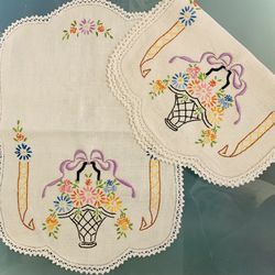 Pair of Embroidered Vintage Linen Doilies 16 1/2” x 11” #062623A18