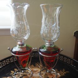 Vintage Glass Oil Lamps w/ Etched Chimneys - $50 (Las Vegas)