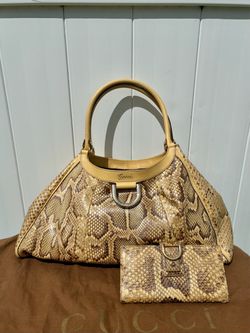 GUCCI PHYTON & LEATHER HOBO SHOULDER BAG YELLOW BROWN GOLD MATCHING WALLET GOOD