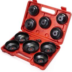 XtremepowerUS 10-Pieces Universal Oil Change Filter Cap Wrench Cup Socket 3/8" inch Square Drive Oil Canister Socket with Case, Red/Black25149xp