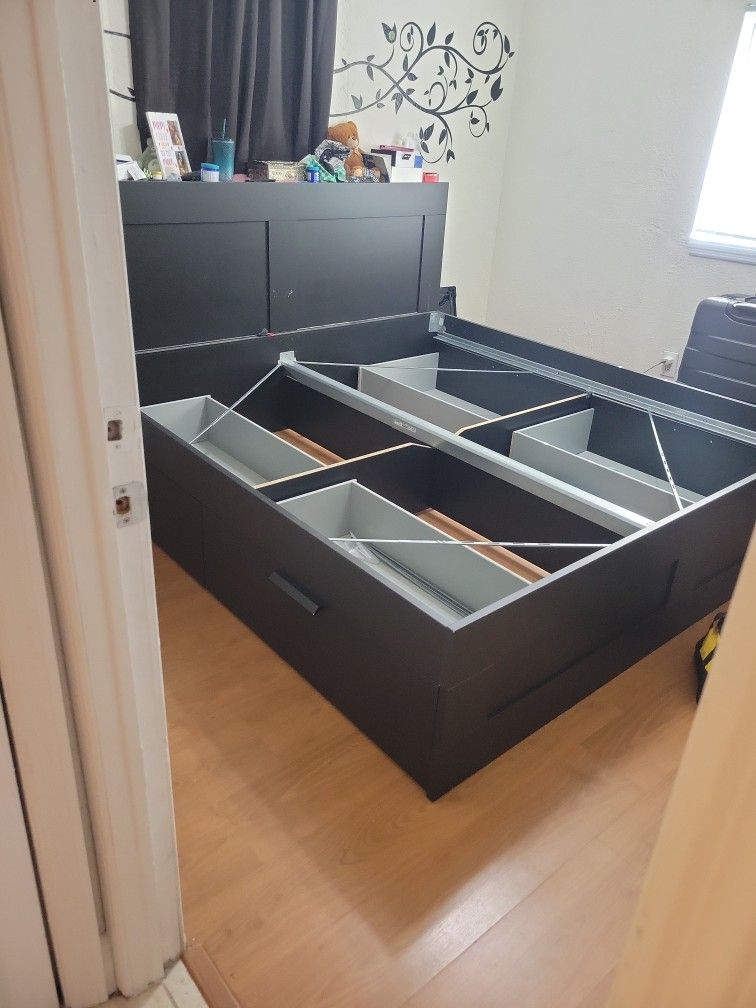 Ikea King Size Brimnes Bed With Storage, Headboard, and Hanging Cabinet