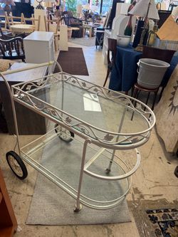 Vintage White Metal Bar Cart with Glass Shelves