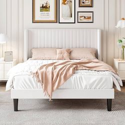 Full Size Velvet Bed Frame, Tufted Wingback Headboard, White 47'' Modern Vertical Channel Headboard, Upholstered Platform Bed, Wood Slats, No Box Spri