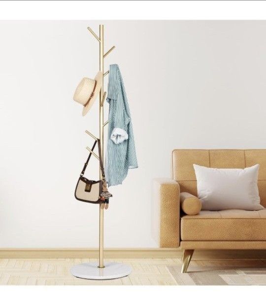 Metal Coat Rack Freestanding, Golden Coat Racks with Heavy Duty Natural Marble Base, Modern Stable Coat Tree Stand with 8 Hooks for Bags, Hats, Entryw