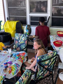 Patio table 6 chairs new cushions. 6 chairs new cushions plus a table.