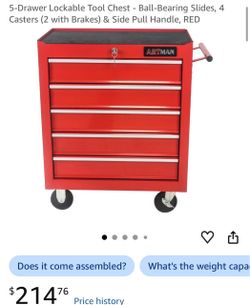 5-Drawer Lockable Tool Chest - Ball-Bearing Slides, 4 Casters (2 with Brakes) & Side Pull Handle, RED