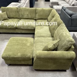 Green Sectional Sofa And Ottoman, Sage Sectional, Sectionals, Sofa, Couch, Living Room Sofa, Corduroy Sectional, Plush Sectional,Soft Plush Couch