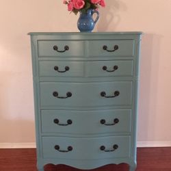 French Provincial Chest Of Drawers In Teal - Five Drawer Tall Dresser