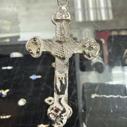 18kt WG One Of Kind Natural Diamond Sapphire Emerald Lucky Cross Gold Pendant