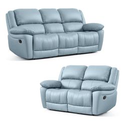 Powder Blue Leather Match Couch Love Seat & Recliner Sofa