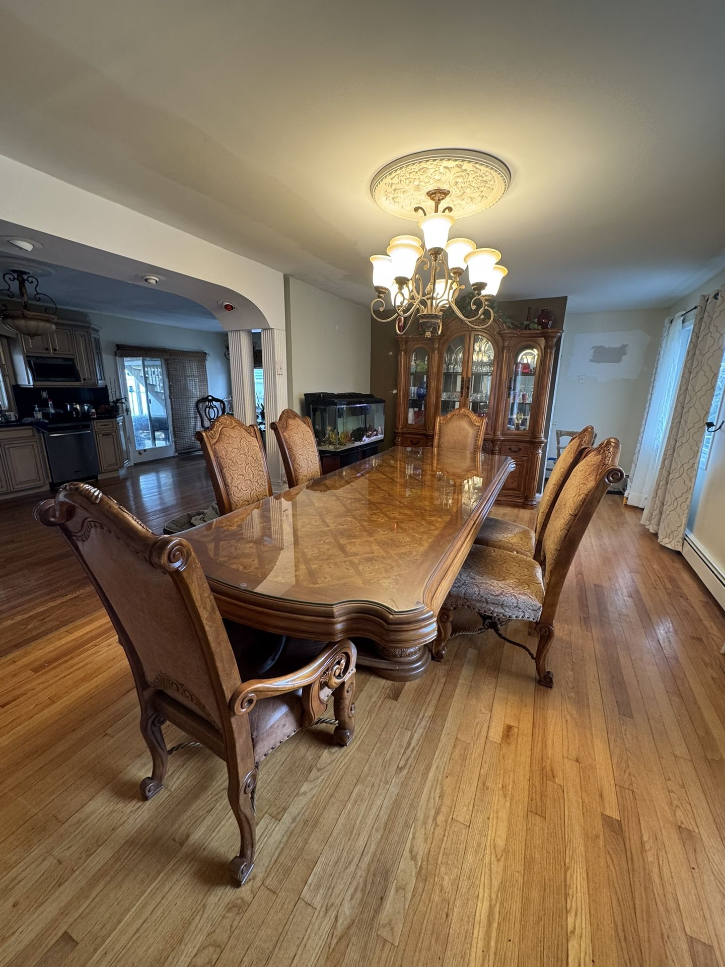Antique 10ft Dining Table with Hard Glass Top & 6 Chairs & Antique China Cabinet