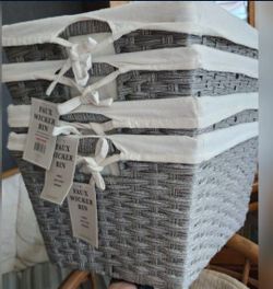 Faux Wicker Bin Basket Set With Tags