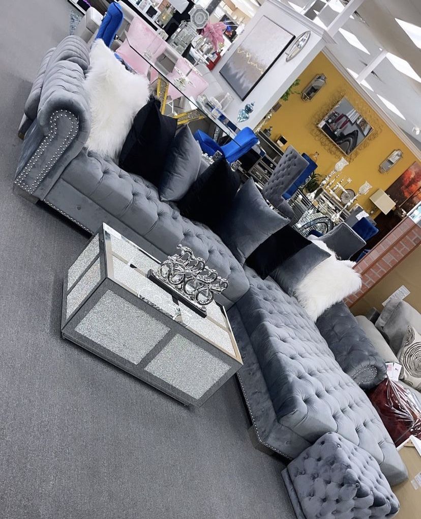 New Large Grey Velvet Sectional 125x90