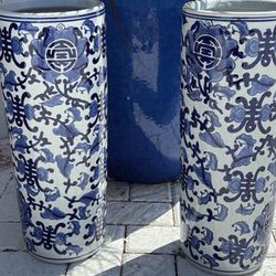 PAIR! 2 Beautiful Blue & White 18” Vases.  Asian Chinese Chinoiserie For Floor Or Table. 2 For $125 Or $65 Each.  Can Also Be Umbrella Or Cane Stand!