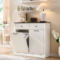 NEW - Modern Double Tilt-Out Laundry Hamper Cabinet, 20 Gallon Fluted Trash Can Cabinet w/2 Drawers, Wooden Hidden Garbage Can Cabinets with Laundry B