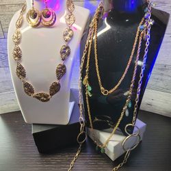 #2022, VINTAGE ENAMEL LOT, GOLD TONE, 3 NECKLACES & EARRINGS.
