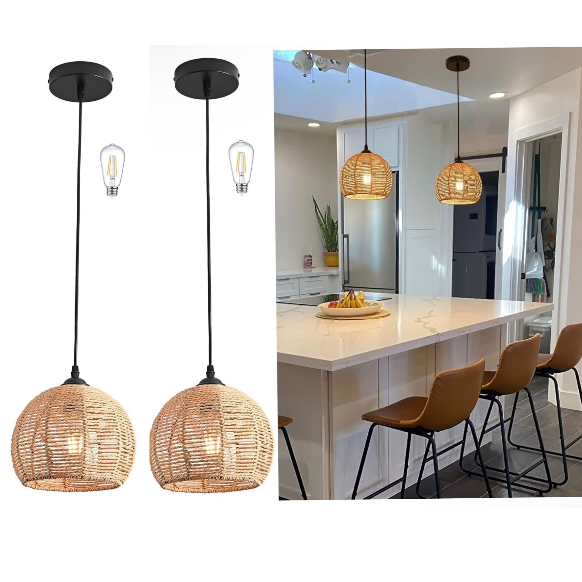 Set of 2 Mini Hemp Rope Woven Pendant Lights