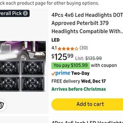 4Pcs 4x6 LED Headlights  Peterbilt