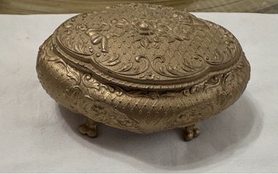 Vintage Ornate Gold Tone Footed Trinket Box / Jewelry Casket (As-Is)