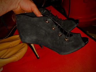 Black Suede Peep-Toe Lace-Up Stiletto Bootie Women’s