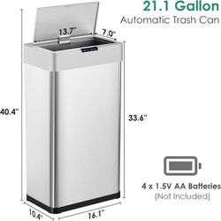 Automatic Trash Can,Sensor Motion Stainless Steel Garbage Bin, Touchless Smart Waste Bin, W/Stay-Open, Soft Close Lid, Display Light for Kithchen, Liv