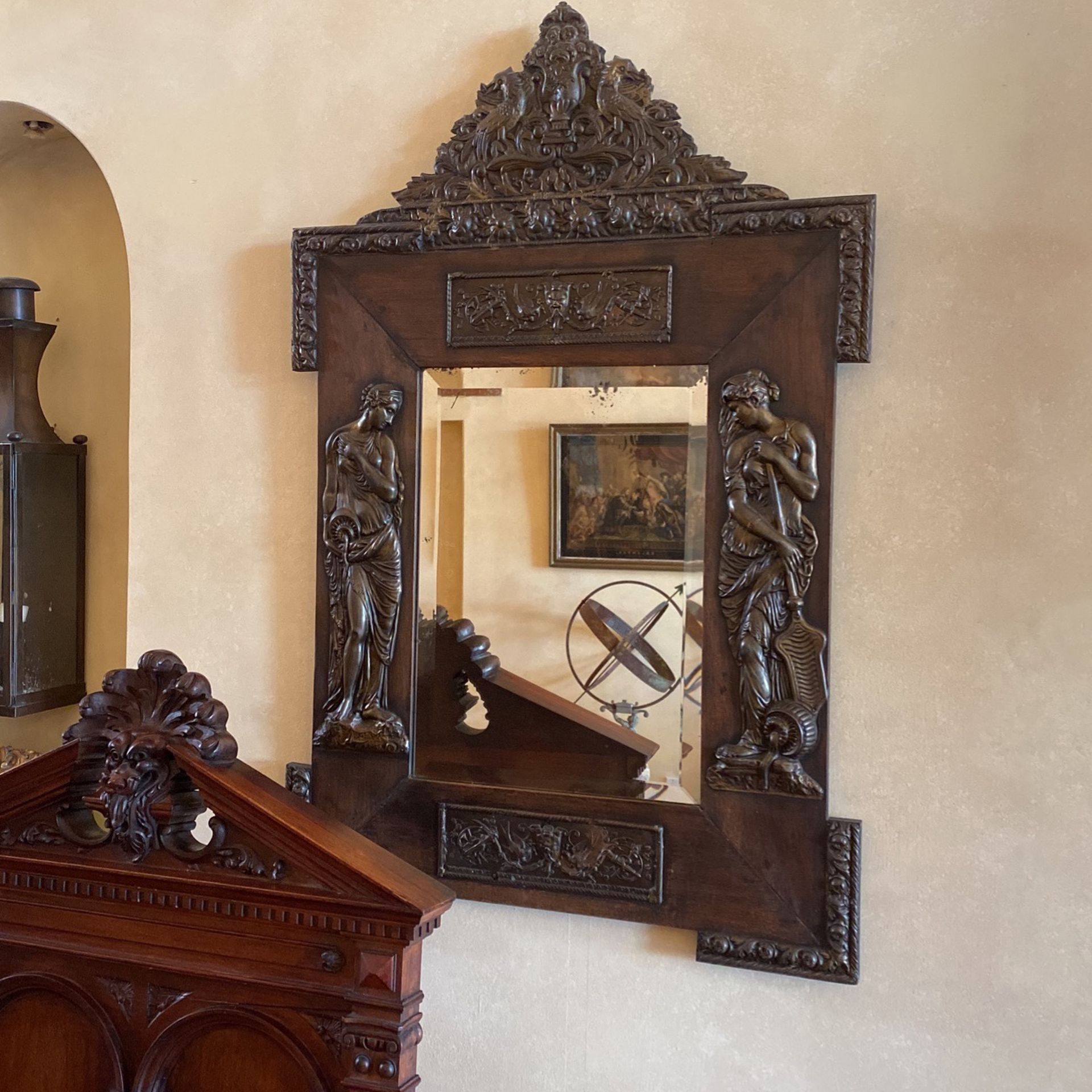 Mirror Antique Wood With Metal Figurines