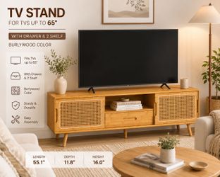 TV  STAND FOR TVS UP TO 65"  NATURAL WOOD.  W DRAWER