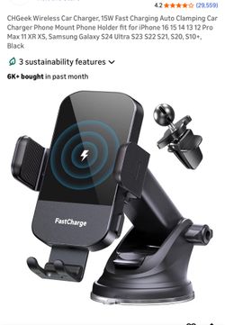 CHGeek Wireless Car Charger, 15W Fast Charging Auto Clamping Car Charger Phone Mount Phone Holder fit for iPhone 16 15 14 13 12 Pro Max 11 XR XS, Sams