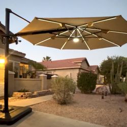 Hampton Bay 11 ft. Aluminum Cantilever Solar LED Offset Patio Umbrella in Putty Beige