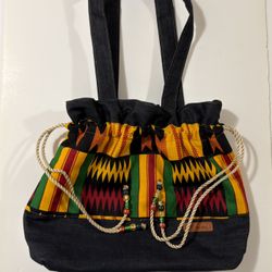 Denim Midnight With Red Yellow Green Black Print Medium Drawstring Tote Bag
