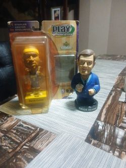 Set of bobbleheads chick hearn  and play makers upper deck collectibles Derek fisher / lakers