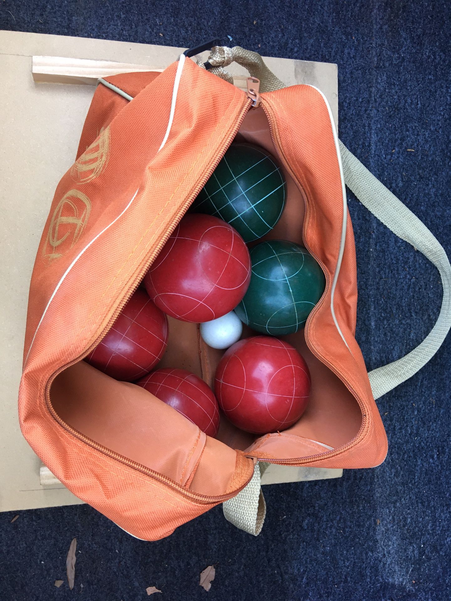 Bocce ball set and carrying bag.