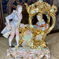 Large Vintage Porcelain Golden Capodimonte Lamp Figurine Lady & Man Carriage Flowers Made in Italy.