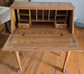 Vintage Solid Oak Queen Anne Style Secretary Writing Desk with Carved Claw Feet