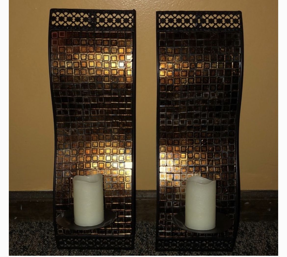 Glass Mosaic+Metal Wall Mount Decorative Candle Holder Wall Sconce, Large Size 18“ Decor (set of 2)