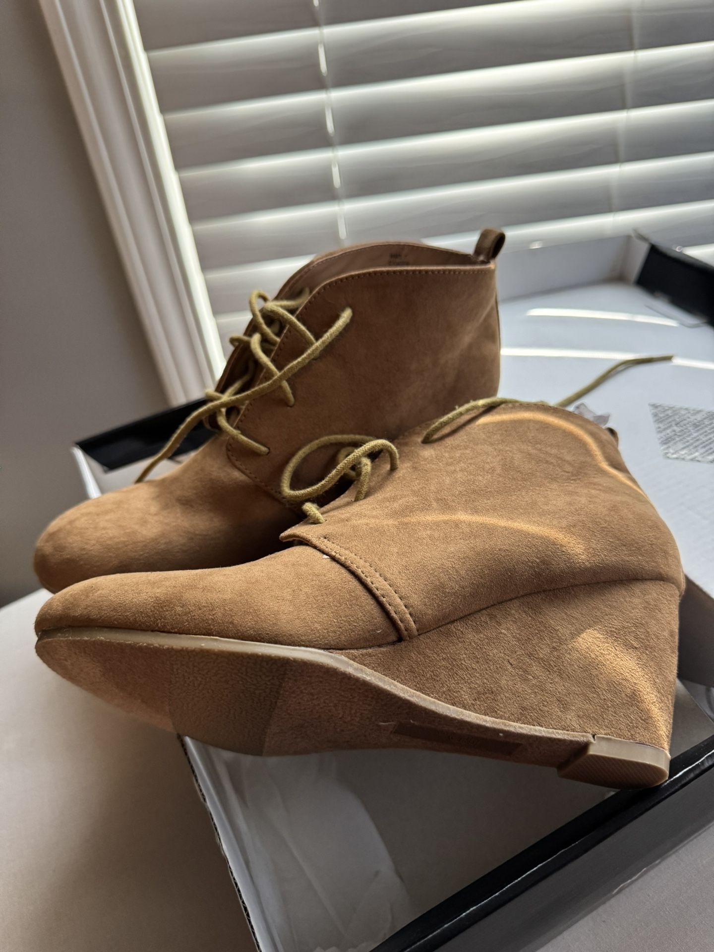 Brand New Tan Wedge Heel Booties 