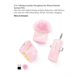Brand new 3 in 1 Wireless Lavalier Microphone for iPhone Android Camera-Pink