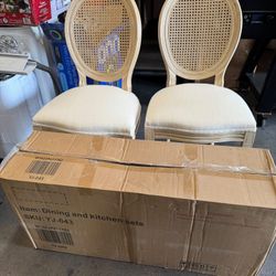 French Country Dining Chairs Set of 4 Vintage Wooden Dining Chairs with Fabric Upholstered Seat&Rattan Oval Backrest,Solid Wood Legs&Frame, Farmhouse