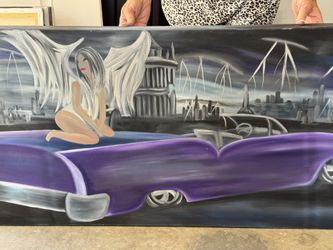 Original Hand-Painted Canvas – Purple Classic Car & Fantasy Angel – 24" x 48"