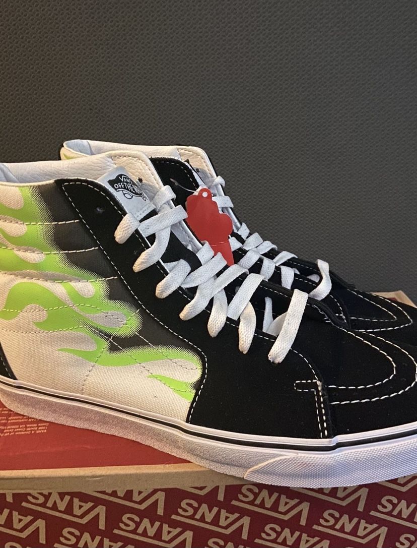 Vans Sk8 Hi Flame Black Mens White Green Flames Fire Size 9.5 High Top Shoes VANS Sk8-HI-TOP (Green Flames) BLACK/WHITE MEN main image 3