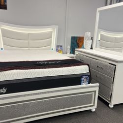 White Bedroom Set 5pc W/ LED Lights & Glitter Accents For Sale ( FREE MATTRESS!) Labor Day Pre-sale Now 